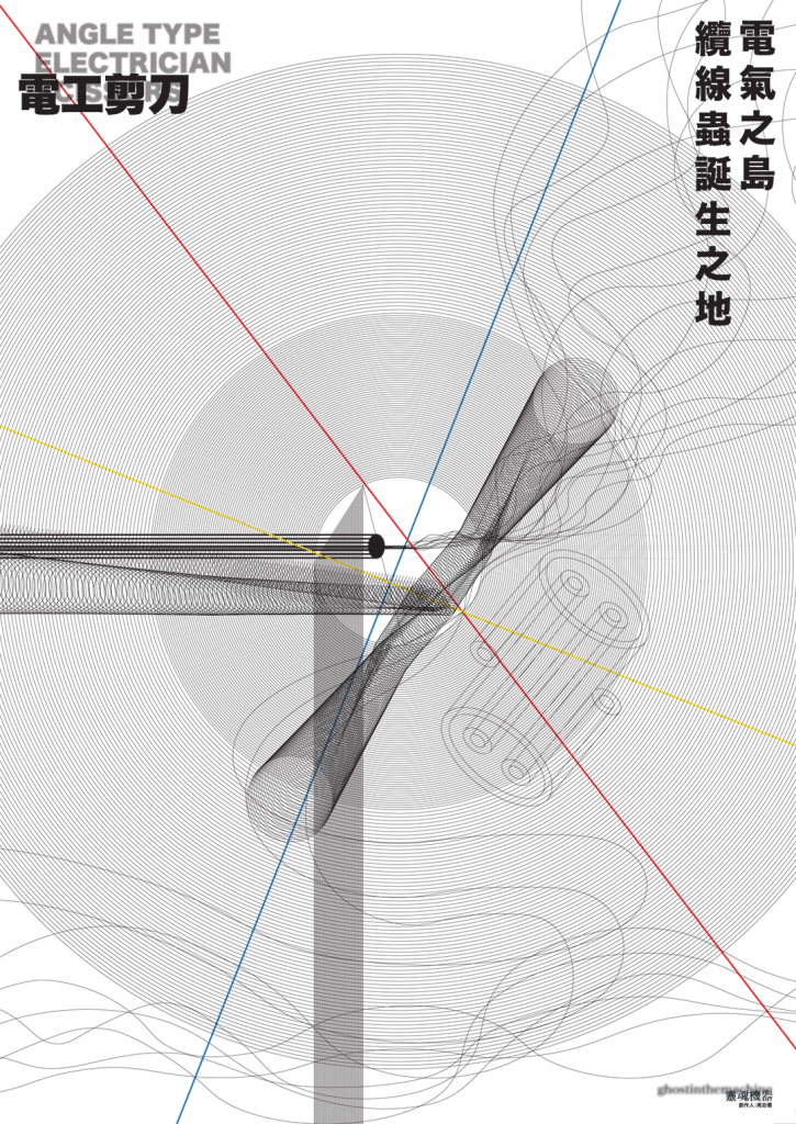周志儒靈魂機器作品海報。以電工剪刀發想，作品名稱：電器之島 纜線重誕生之地